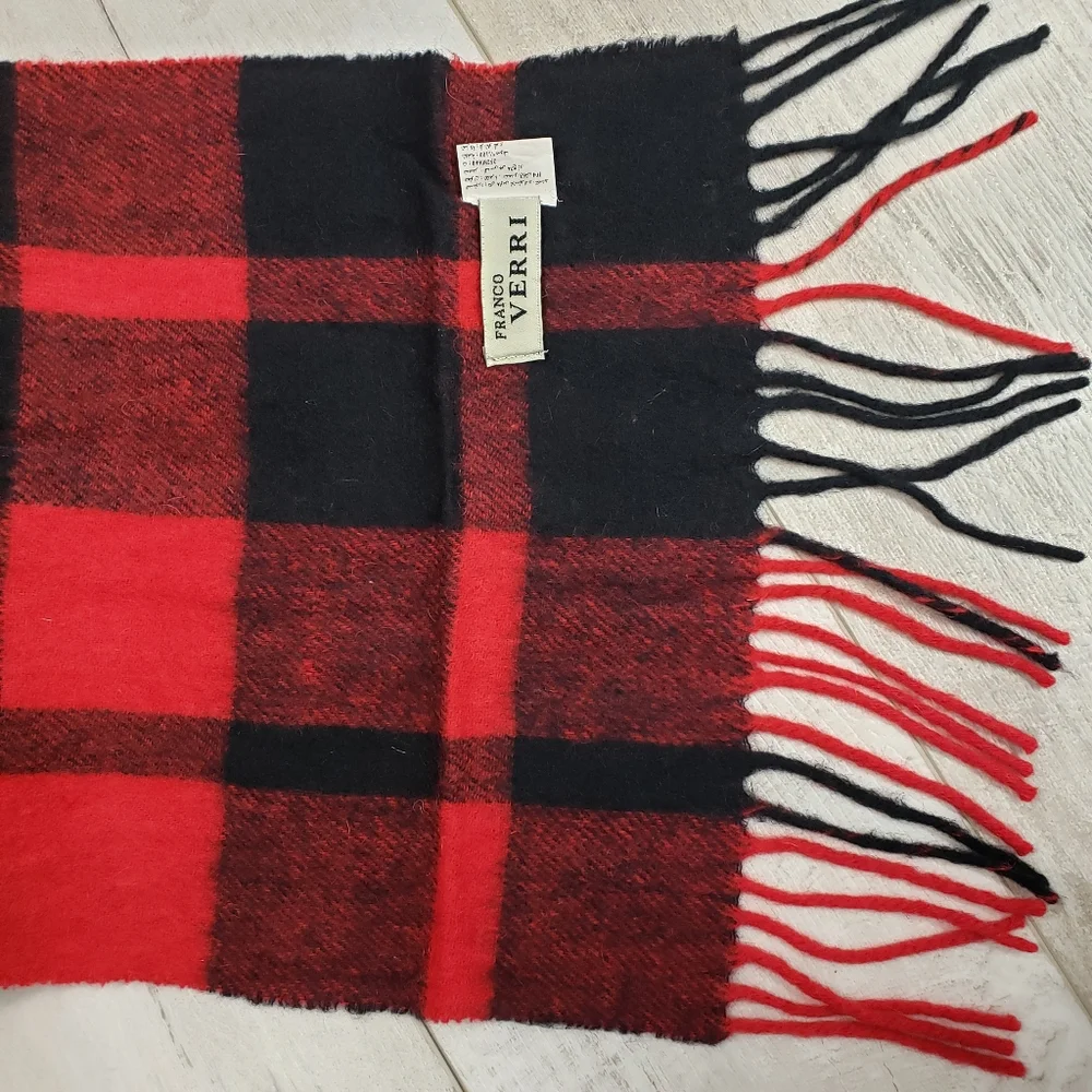 Franco Verri Wool Buffalo Check Flannel Plaid Scarf Tartan Fringe Classic